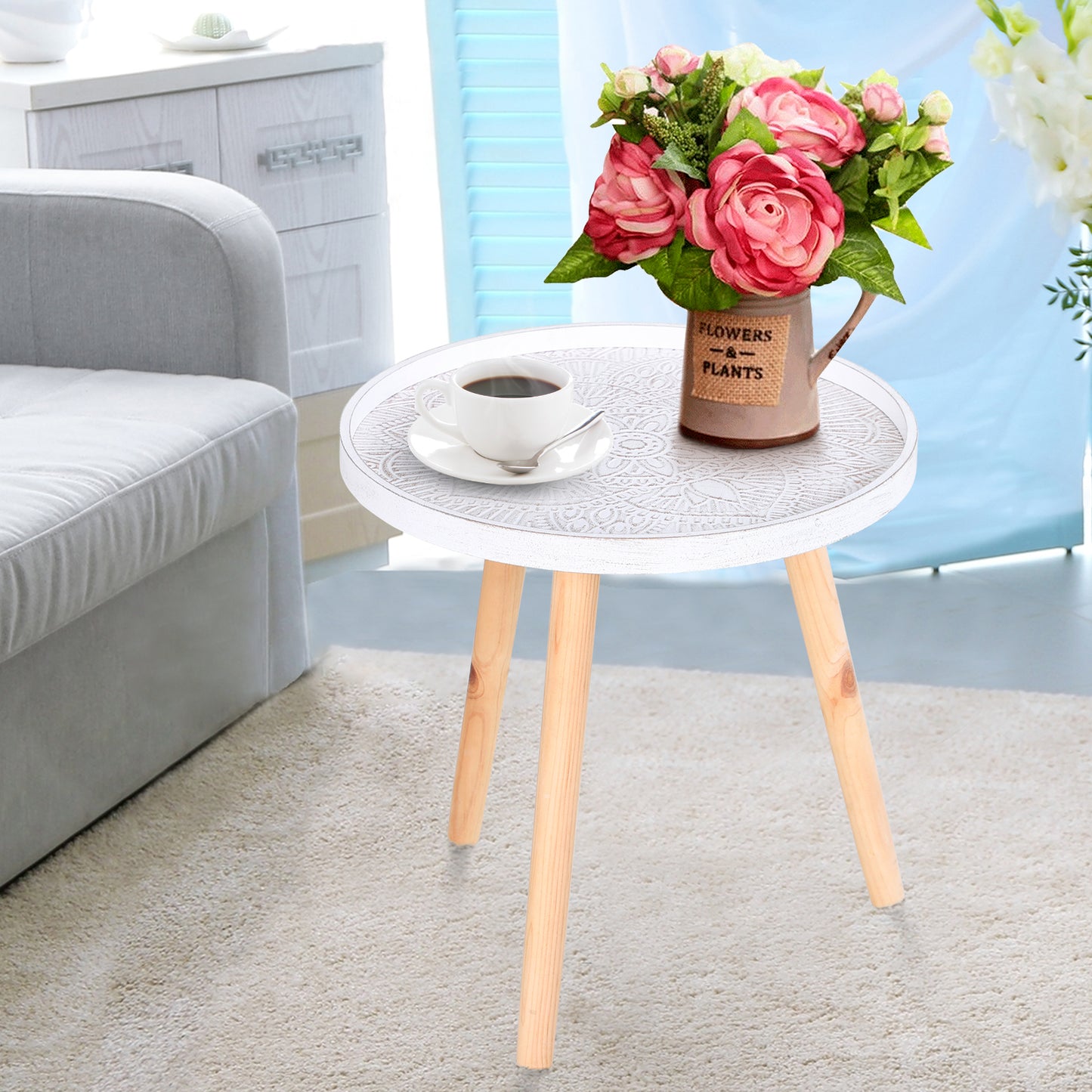 Nona Wood White Round Coffee Table With Carved Floral Tray Top