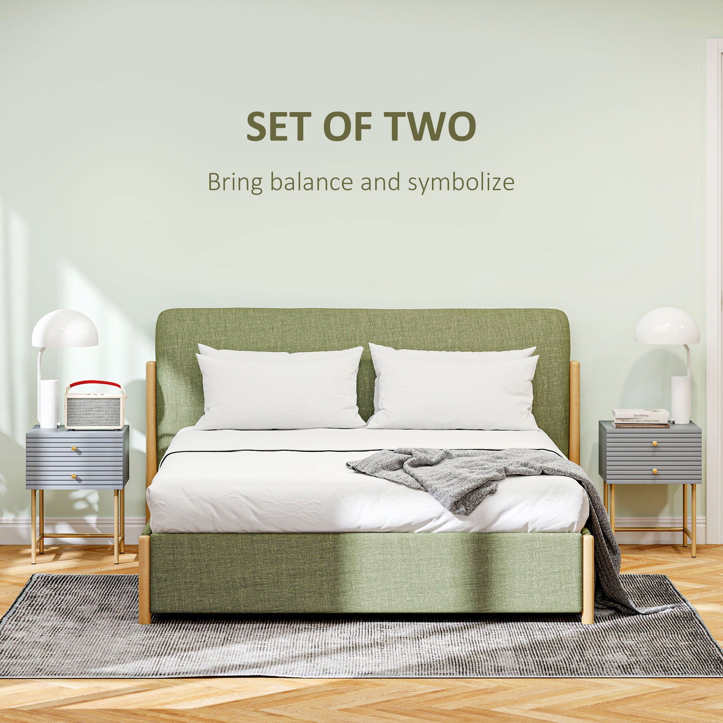 Lika Set Of 2 Grey And Gold Elegant Bedside Tables Ribbed Drawers