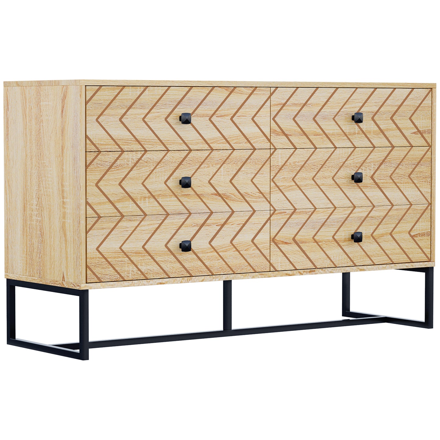 Niel Wooden Natural Chevron 6 Drawer Chest With Zigzag Black Metal Legs