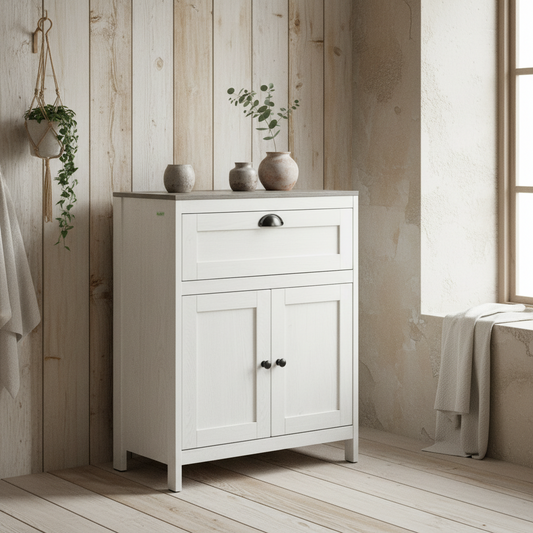 Sunoli White Freestanding Bathroom Storage Cabinet With Drawer Double Doors And Adjustable Shelves