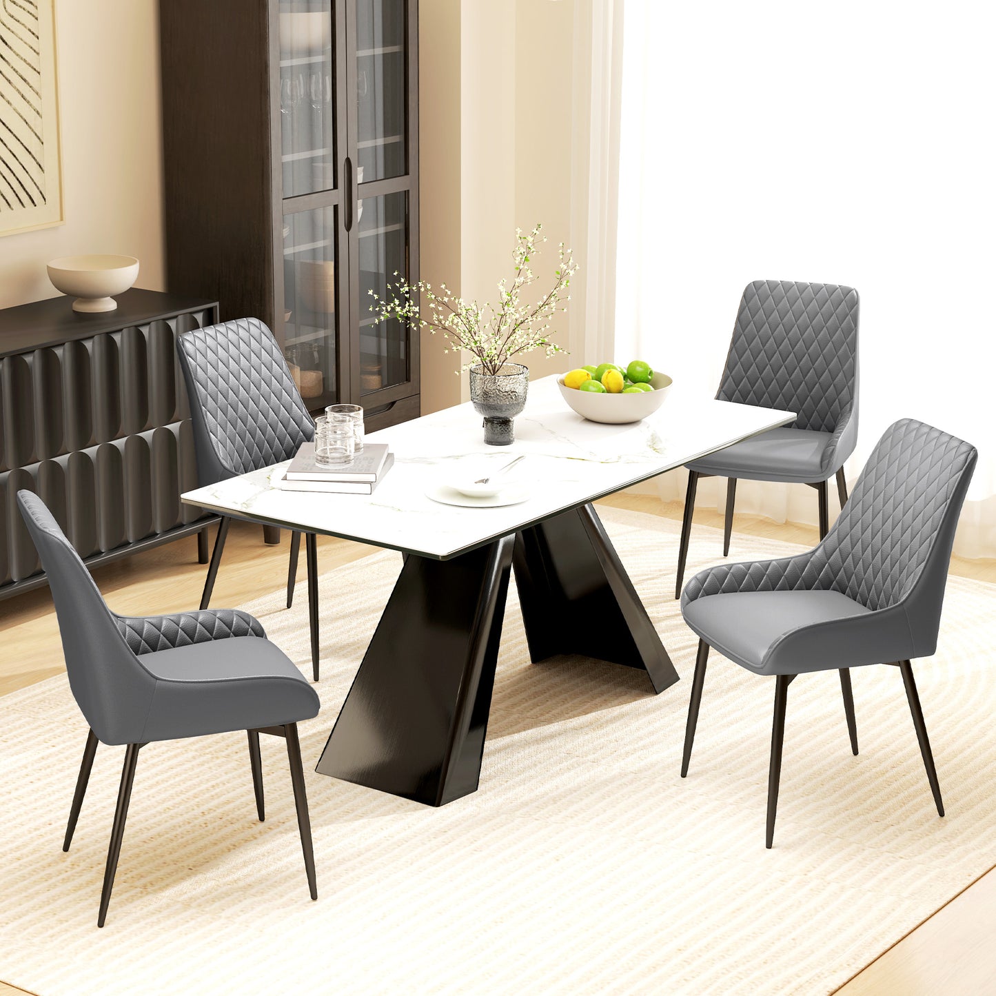 Farazi Faux Leather Grey Quilted Dining Chairs Set Of 2 With Steel Frame And Foot Caps