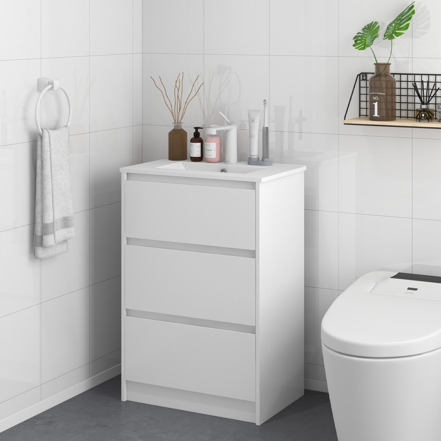 Nilute Floor Standing Bathroom Vanity Unit With Basin And 2 Drawers High Gloss White 600mm