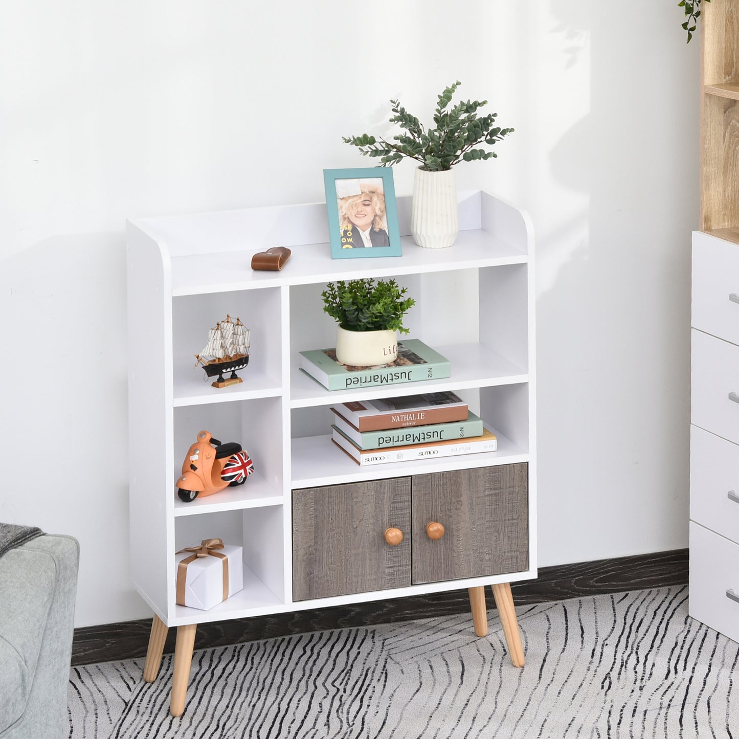 Eltano Wood And Metal White And Grey Freestanding Bookcase With Storage Cabinet And Legs