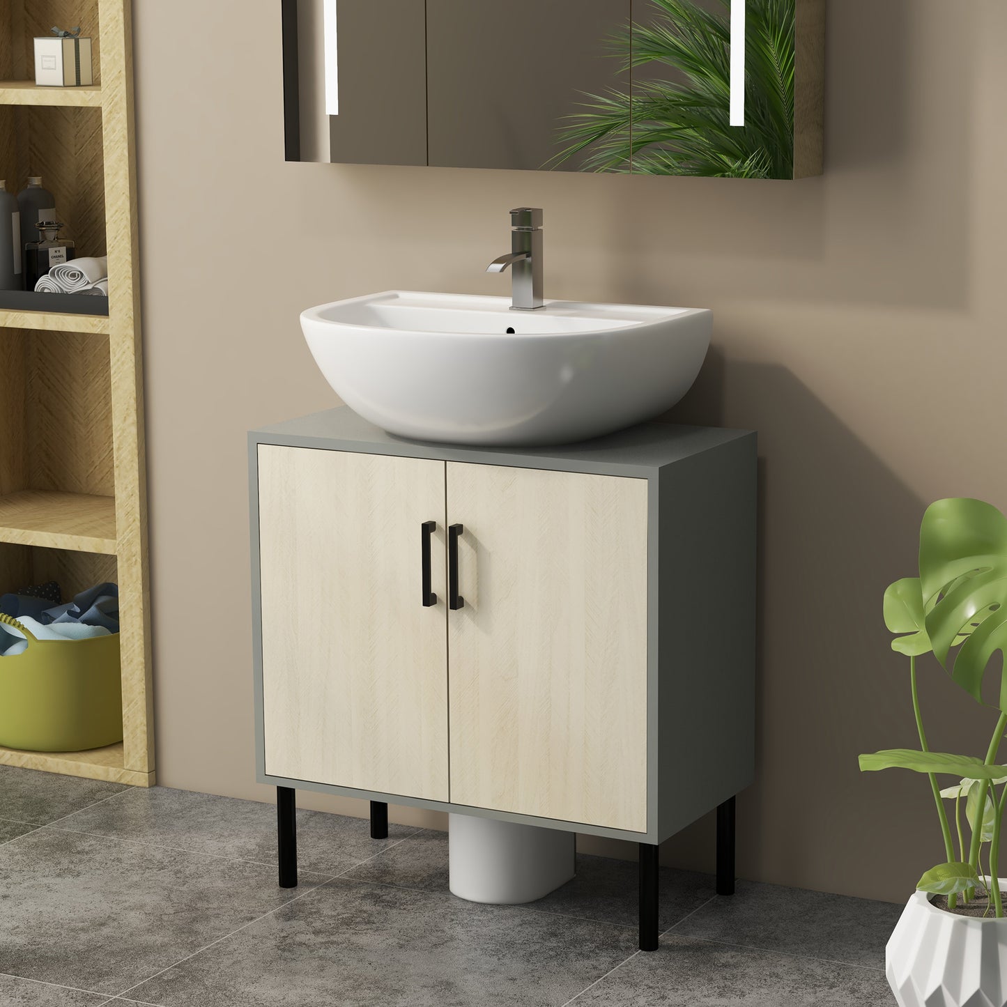 Nabavi Natural Finish Under Sink Vanity Cabinet With Double Doors And Internal Shelving