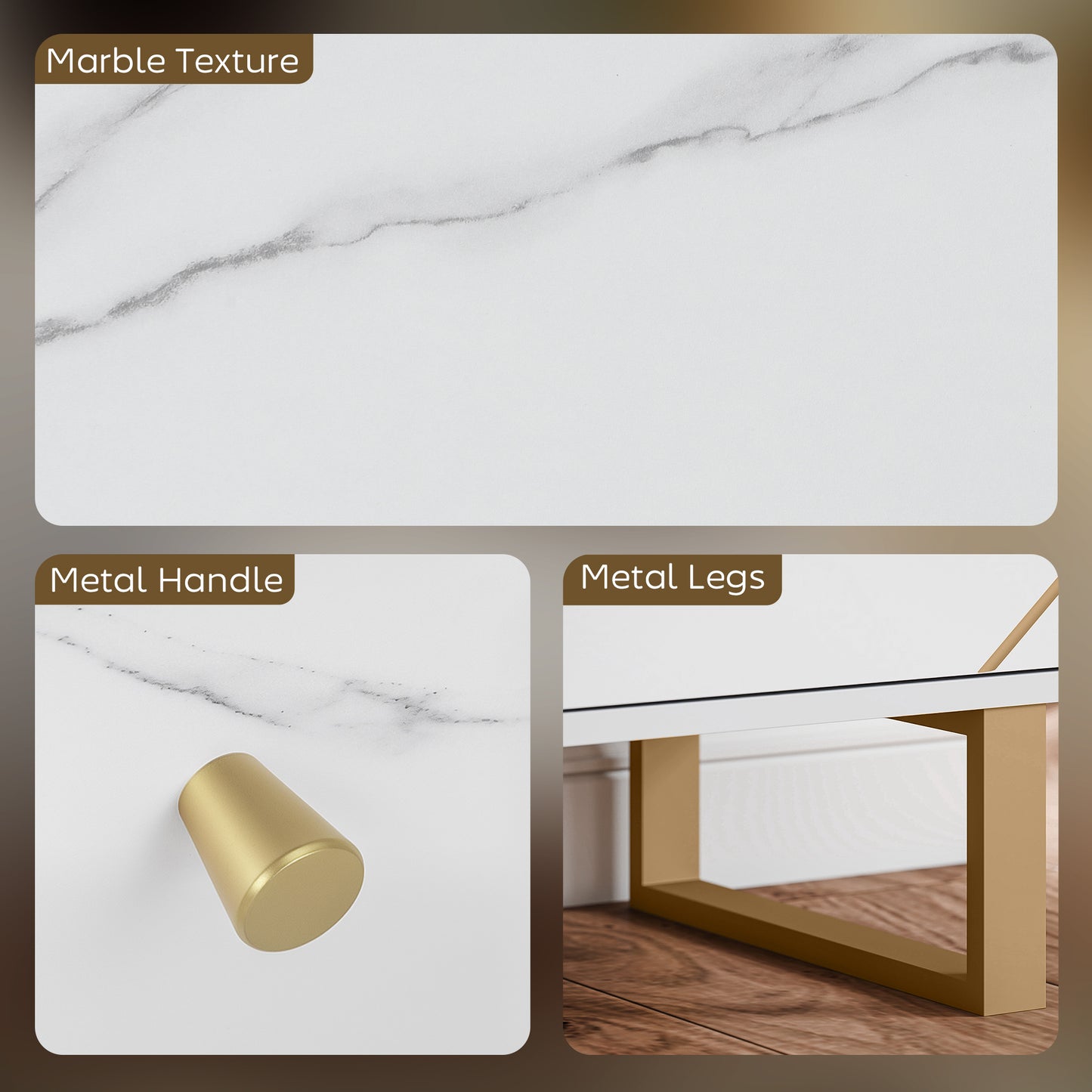 Vekeba Coso 107cm White and Gold Marble Sideboard 3 Doors 2 Shelves