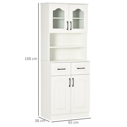Reluta Tafa Wooden White Tall Kitchen Cupboard With Adjustable Shelves Drawers And OFauxn Counter 168 cm