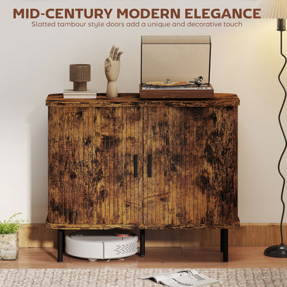 Lasa Rustic Brown Mid Century Sideboard With Slatted Sliding Doors And Steel Legs