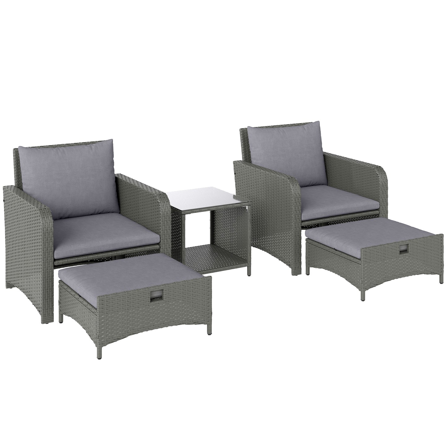 Rora Rattan Grey 5 Piece Garden Bistro Set With 2 Tier Coffee Table And Footstools