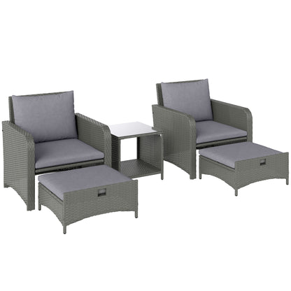 Rora Rattan Grey 5 Piece Garden Bistro Set With 2 Tier Coffee Table And Footstools
