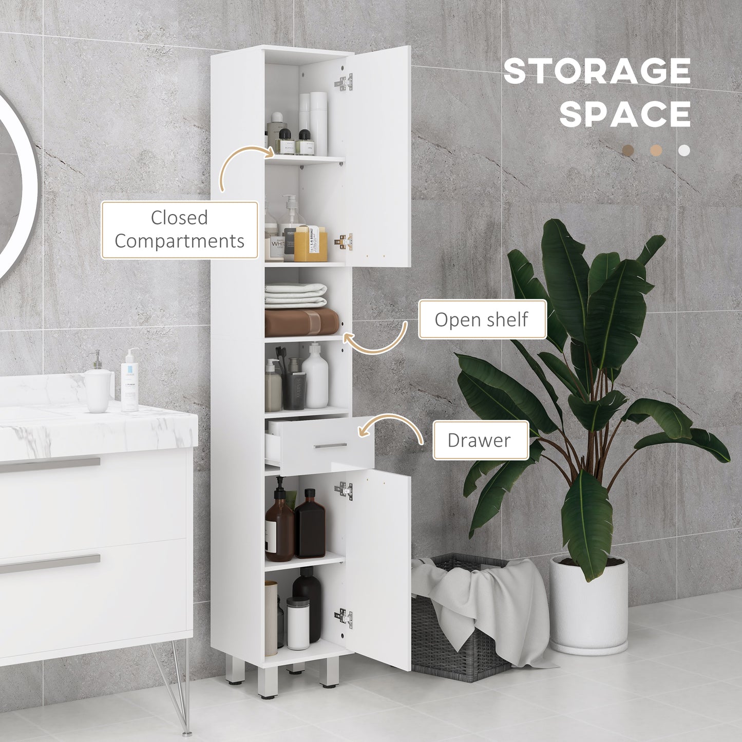 Secoli Tall Slim High Gloss White Storage Cabinet With Drawers Shelves And Double Doors