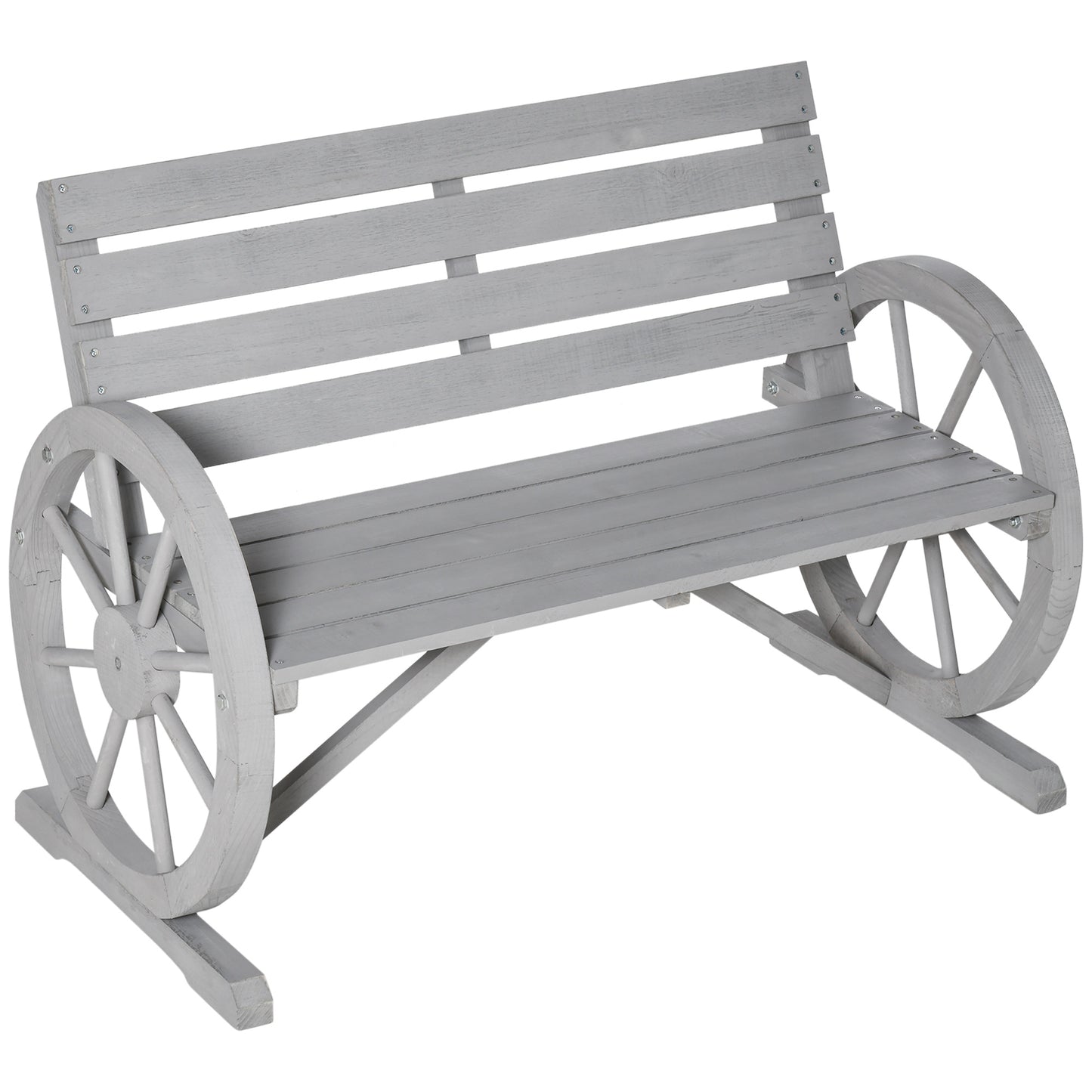 Linifi Wood Grey Rustic 2 Seater Garden Bench With Wagon Wheel Arms And High Back