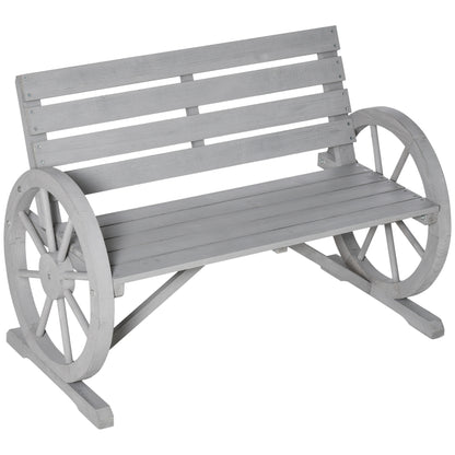 Linifi Wood Grey Rustic 2 Seater Garden Bench With Wagon Wheel Arms And High Back
