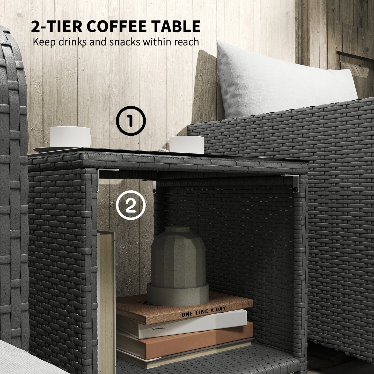 Mami Rattan Grey and White Outdoor Garden Bistro Set With 2 Tier Coffee Table And Footstools