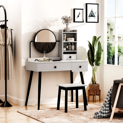 Ravato Grey Dressing Table And Stool Set With 3 Drawers And OFauxn Shelving
