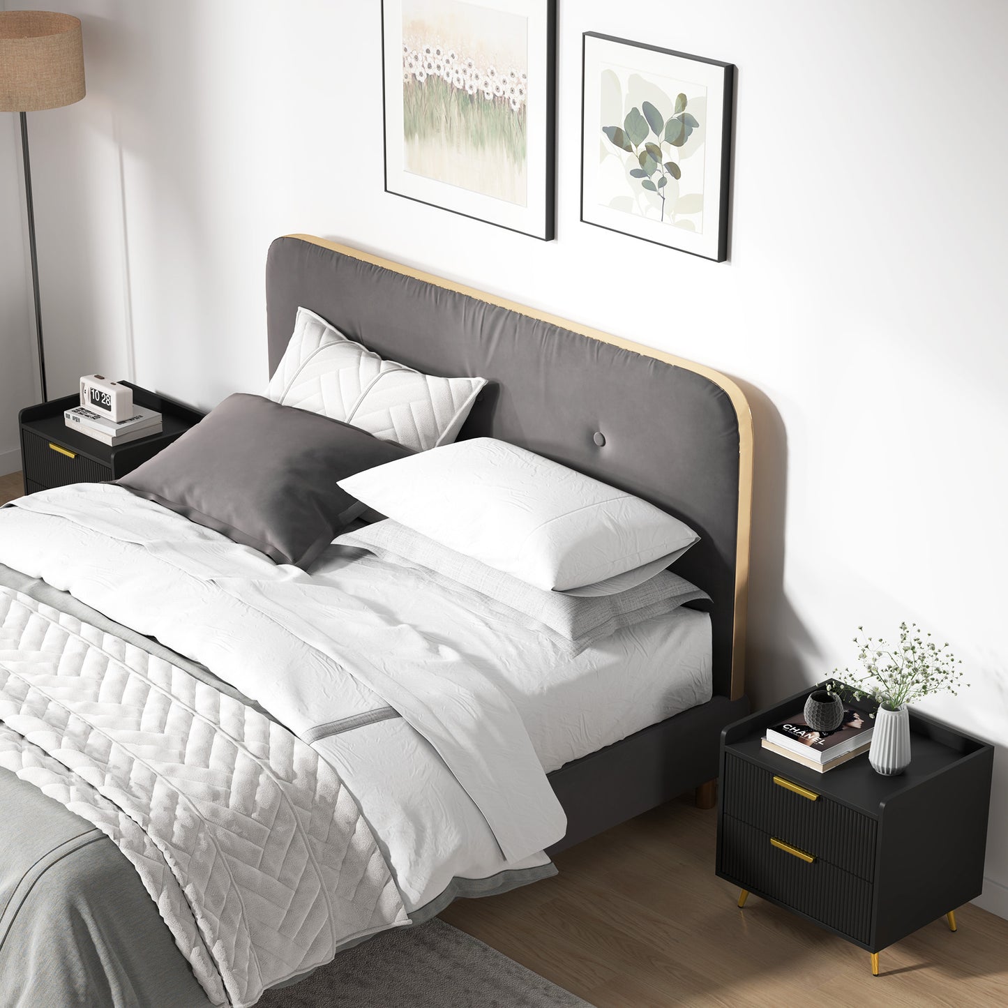 Veha Black Set Of 2 Elegant Ribbed 2 Drawer Bedside Tables Gold Handles