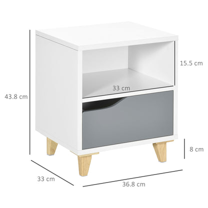 Tavimo Wooden Set Of 2 White And Grey Modern Bedside Tables With Drawer And Shelf