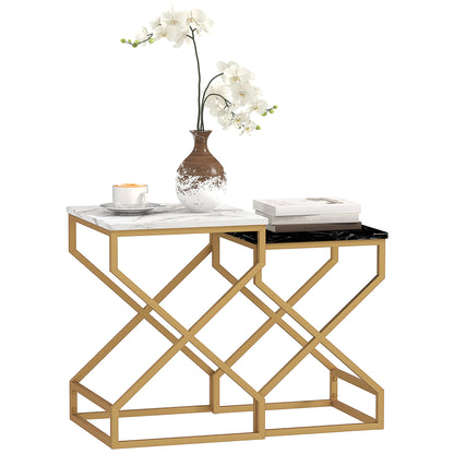 Revi Set Of 2 Marble Effect Nesting Side Tables Gold Metal Legs