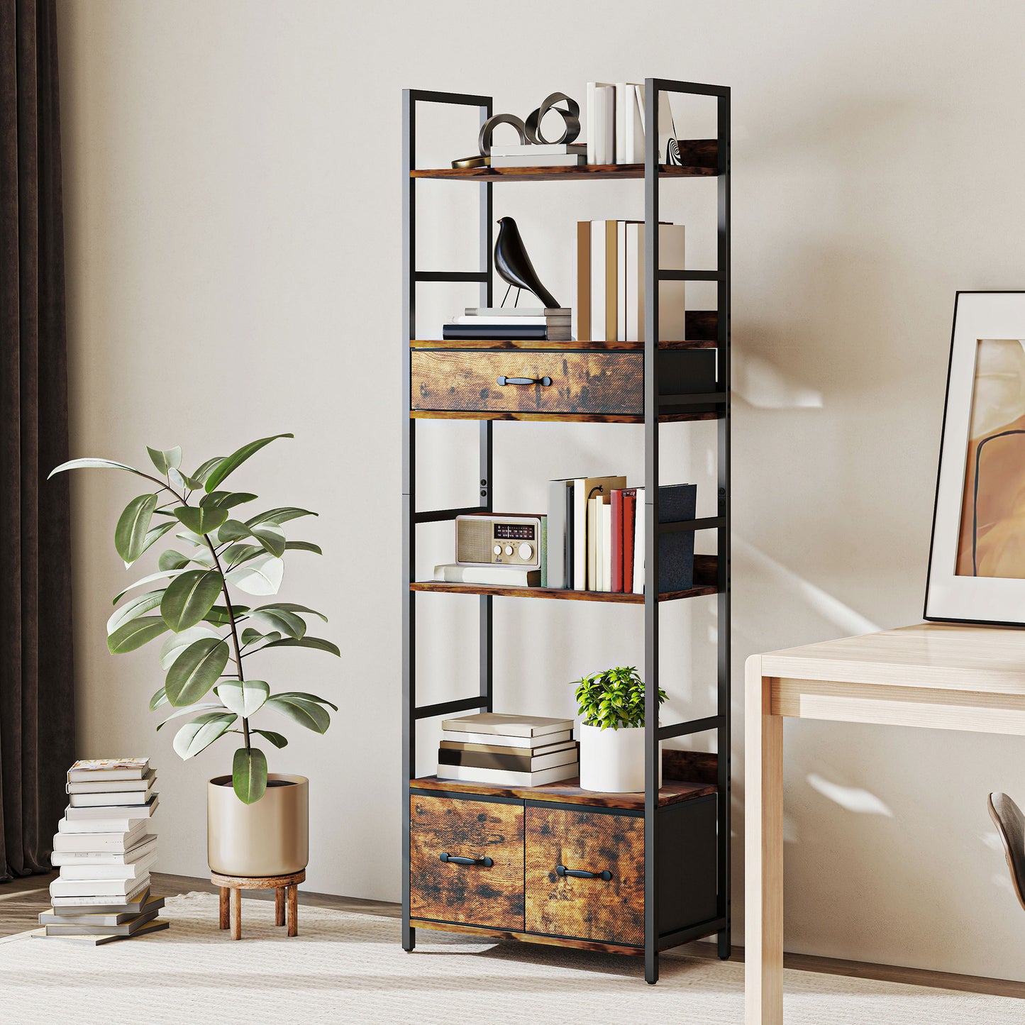 Cova Metal And Wood Brown And Black Industrial Bookcase With 4 Shelves And Fabric Drawers