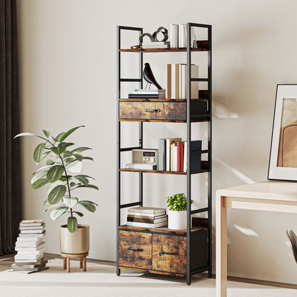 Cova Metal And Wood Brown And Black Industrial Bookcase With 4 Shelves And Fabric Drawers