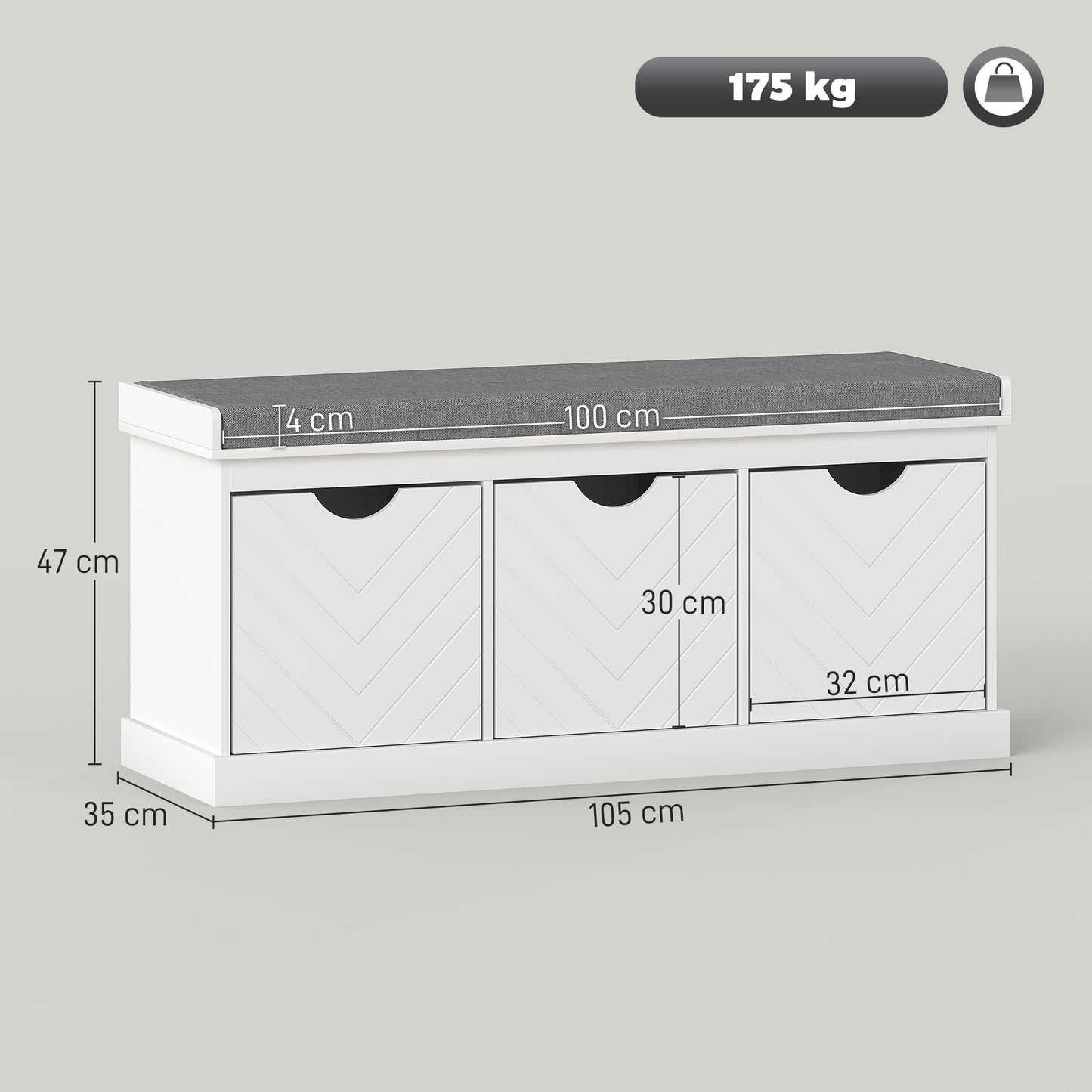 Reco Nolu Wooden White 3 Drawer Shoe Bench With Grey Padded Seat