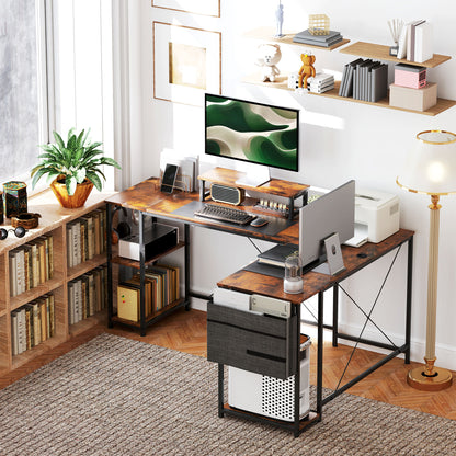 Lesano 168cm Rustic Brow Reversible Industrial L Shaped Desk With Adjustable Shelves And Monitor Stand