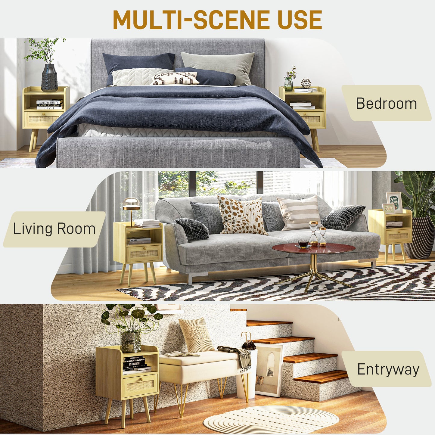Fira Set Of 2 Wood Effect Rattan Weave Bedside Tables