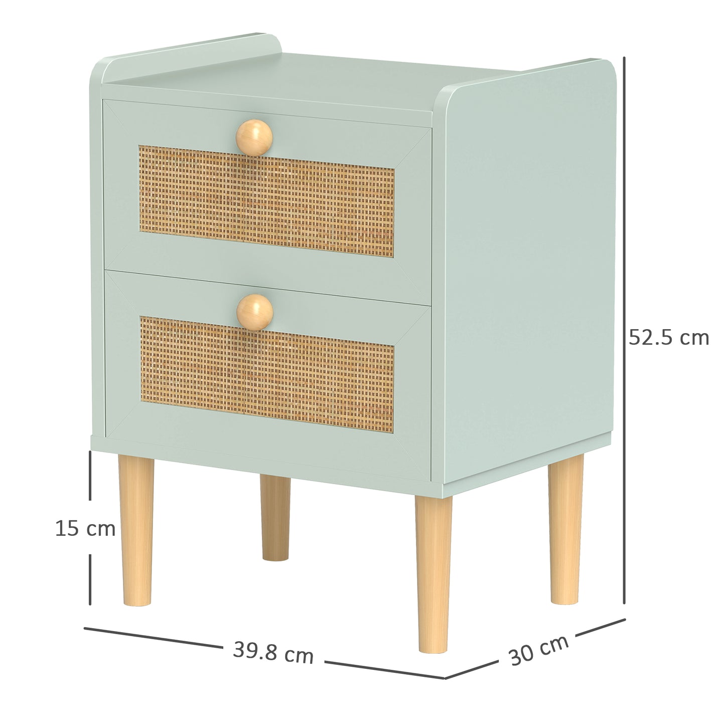 Reka Boho Olive Green Wood And Rattan 2 Drawer Bedside Table