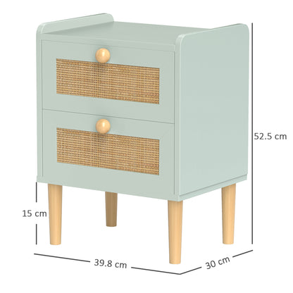Reka Boho Olive Green Wood And Rattan 2 Drawer Bedside Table
