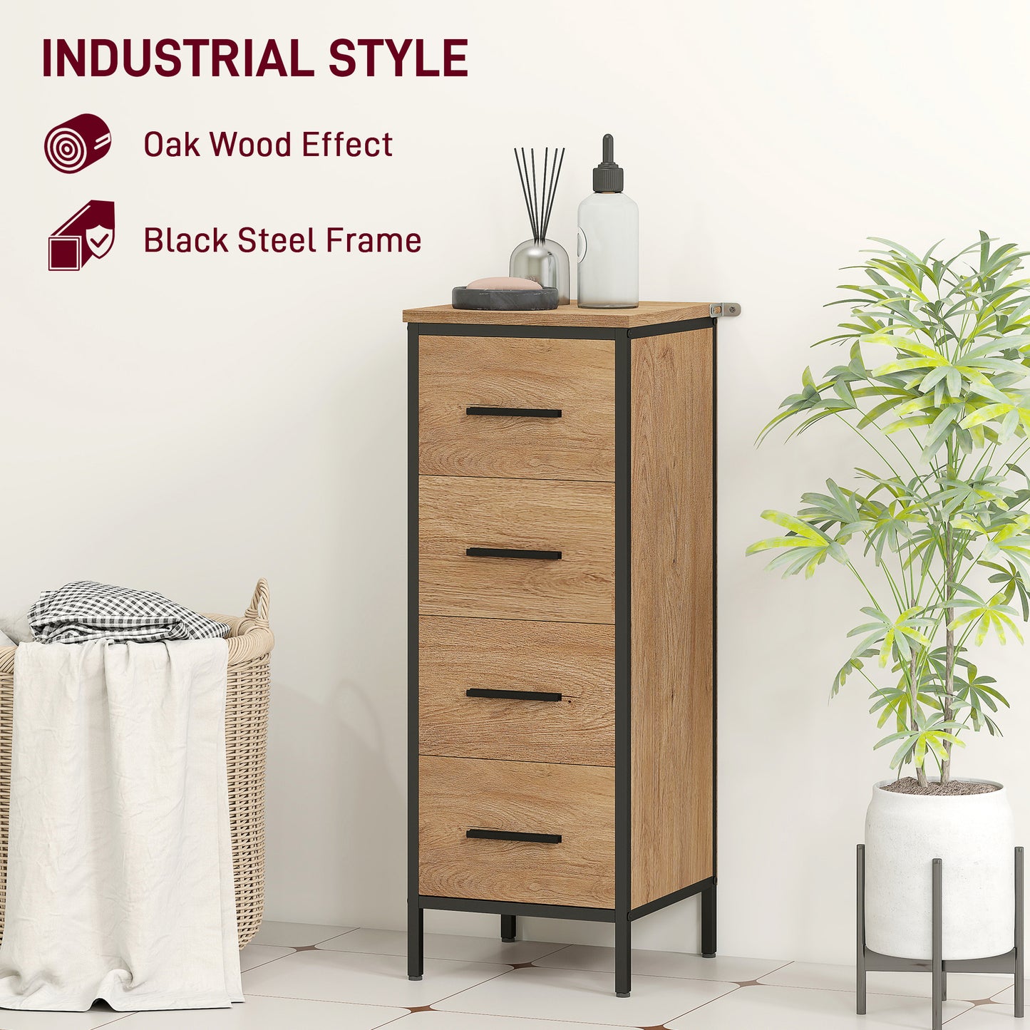 Nita Narrow Bathroom Storage Cabinet With 4 Drawers Oak Finish