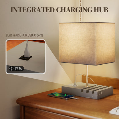 Kata Wood And Fabric Grey Bedside Table Lamp With USB Charging Ports Phone Stands And Fabric Shade