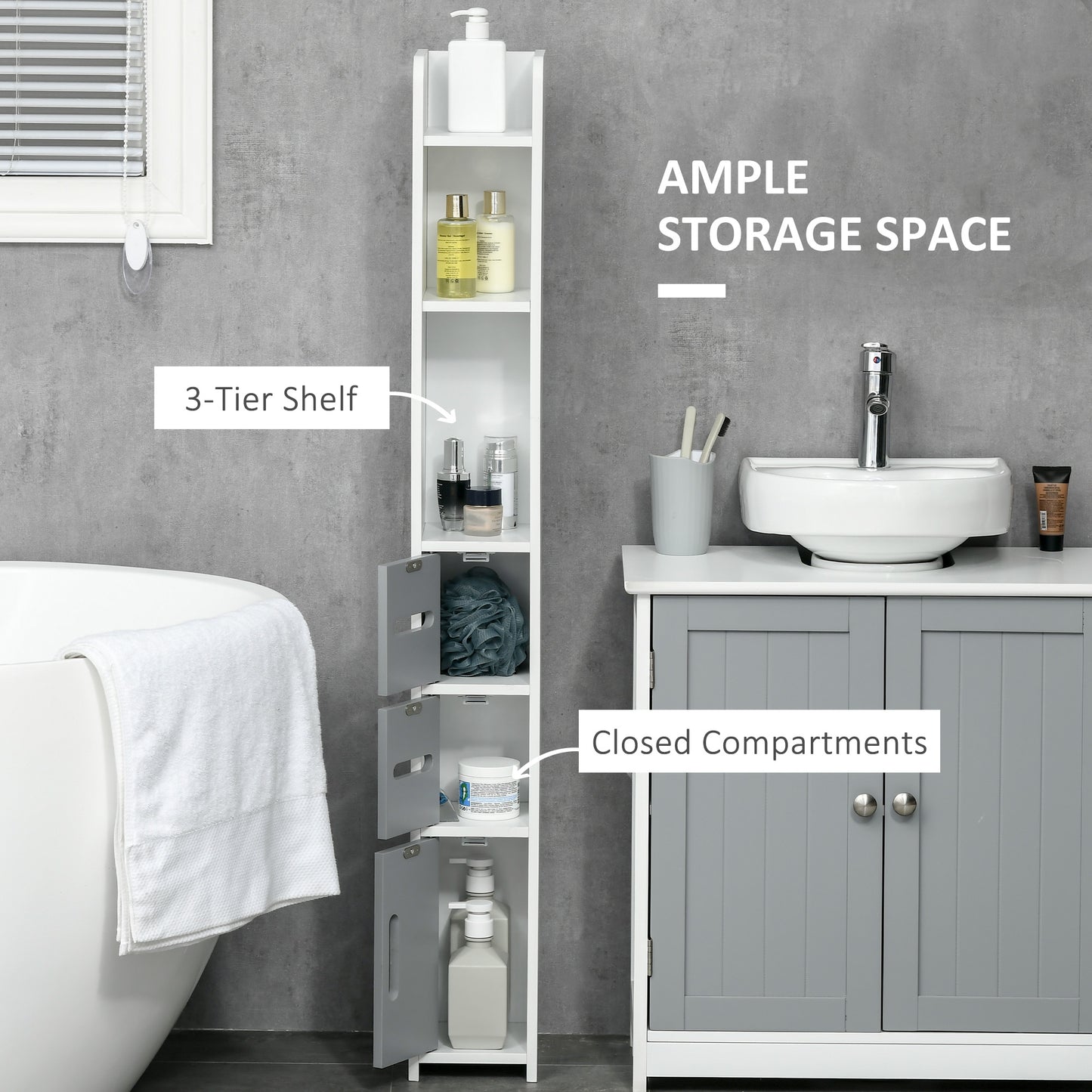 Dono Tall Freestanding Bathroom Storage Unit With OFauxn Shelves And Cupboards Grey