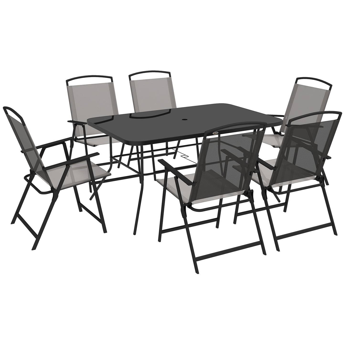 Lobama 6 Seater Grey Mesh Garden Dining Set with Glass Top Table and Folding Chairs