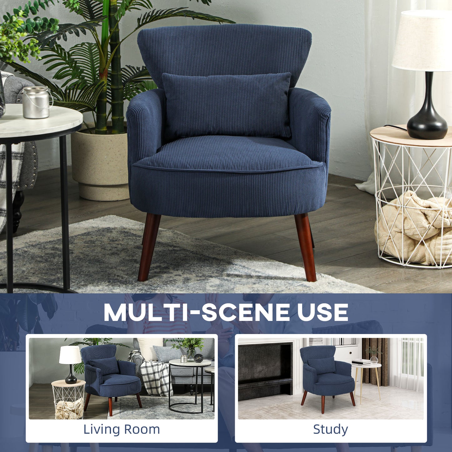 Kesu Blue Corduroy Retro Style Accent Chair Dark Wooden Angled Legs