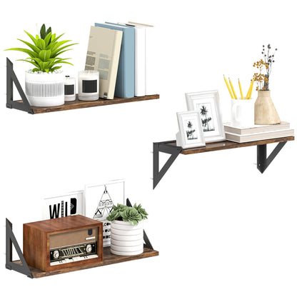 Filozi Wood Rustic Brown Set Of 3 Vintage Style Wall Mounted Shelves 43 cm