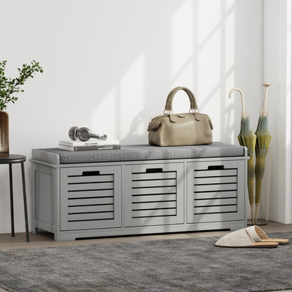 Vazi Wooden Grey 3 Drawer Shoe Storage Bench With Padded Top