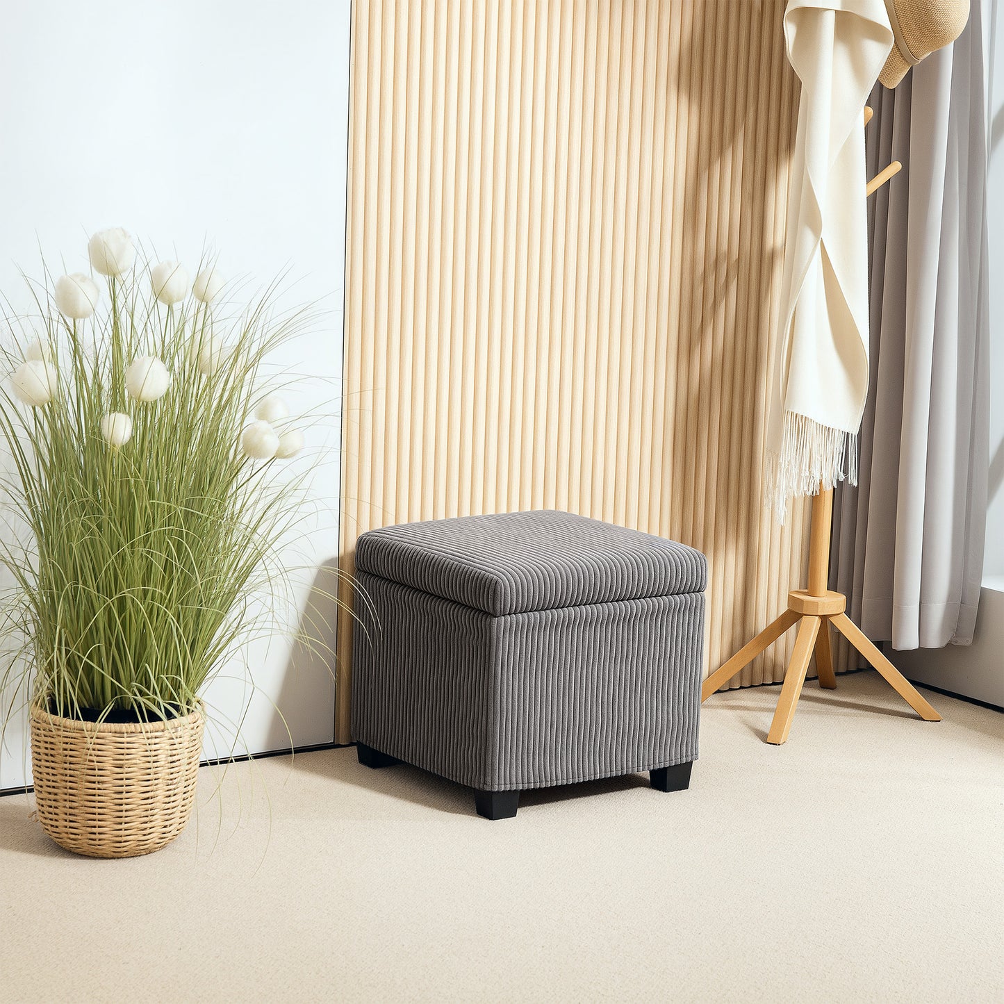 Creccette Corduroy Grey Storage Square Ottoman Bench With Removable Lid