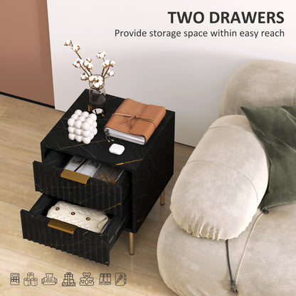 Selu Black and Gold Art Deco 2 Drawer Bedside Table Ribbed Design
