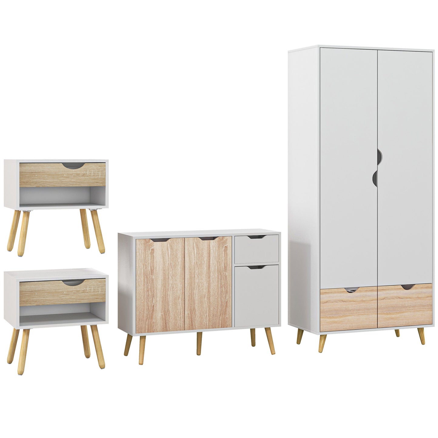 Coramoro 4 Piece Natural Wood And White Bedroom Furniture Set With Wardrobe 2 Bedside Tables And Cabinet