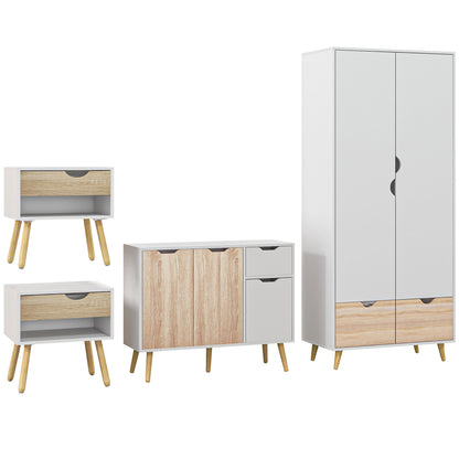 Coramoro 4 Piece Natural Wood And White Bedroom Furniture Set With Wardrobe 2 Bedside Tables And Cabinet
