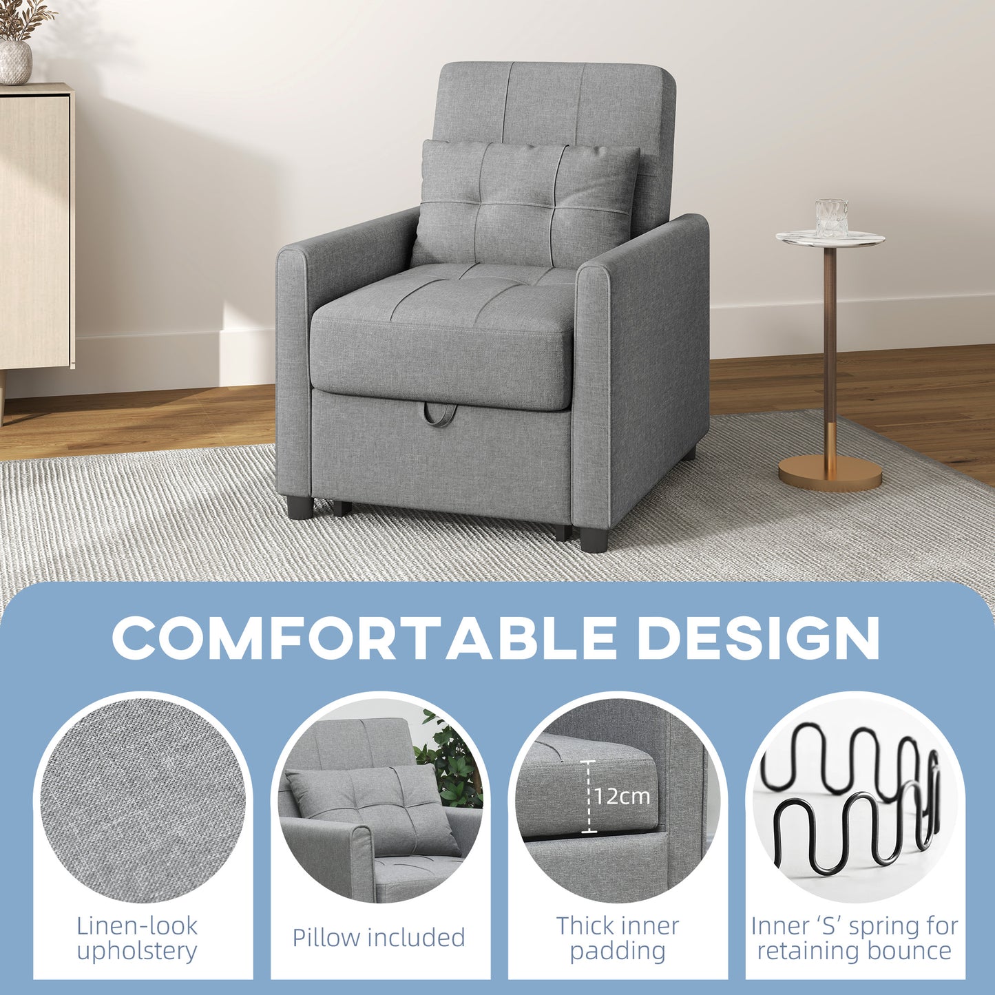 Vayopa Linen Look Light Grey Single Sleeper Chair