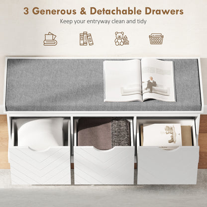 Reco Nolu Wooden White 3 Drawer Shoe Bench With Grey Padded Seat