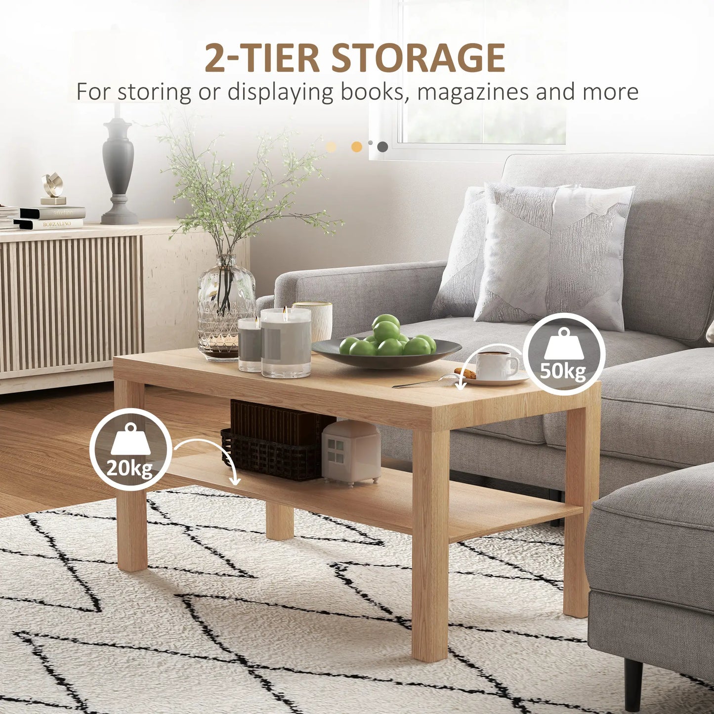 Wooden 90cm Natural Finish Rectangular Coffee Table with Bottom Shelf