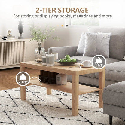 Wooden 90cm Natural Finish Rectangular Coffee Table with Bottom Shelf
