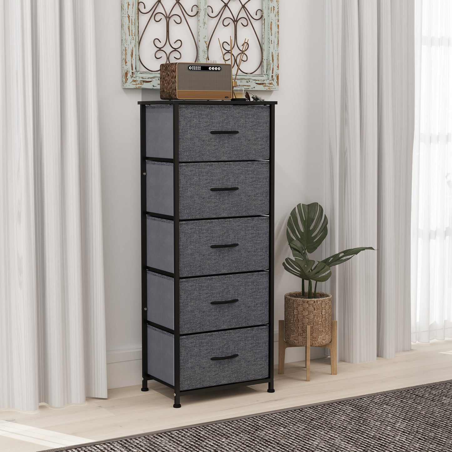 Ralora Metal And Fabric Dark Grey 5 Drawer Industrial Storage Dresser With Steel Frame