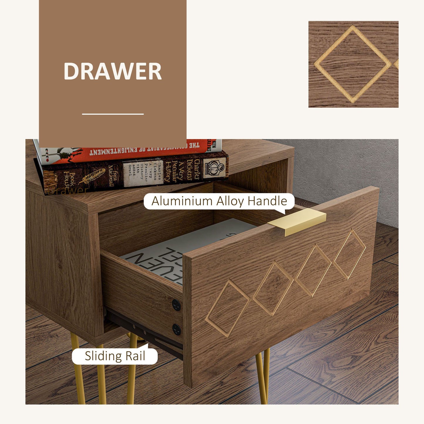 Keso Wooden And Metal Set Of 2 Bedside Tables With Drawers And Gold Tone Legs