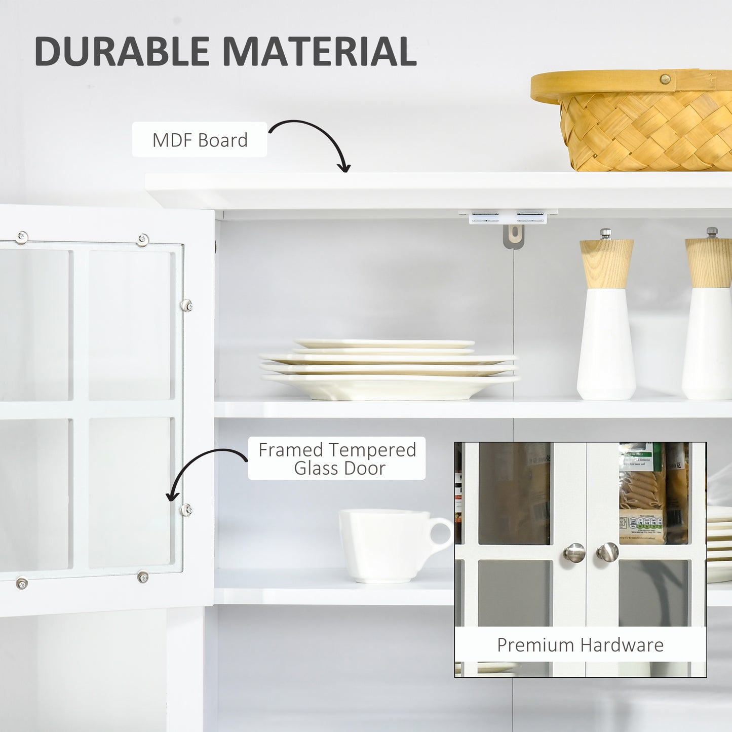 Banira Wooden White Kitchen Cupboard With Framed Glass Door Drawer And Microwave Shelf