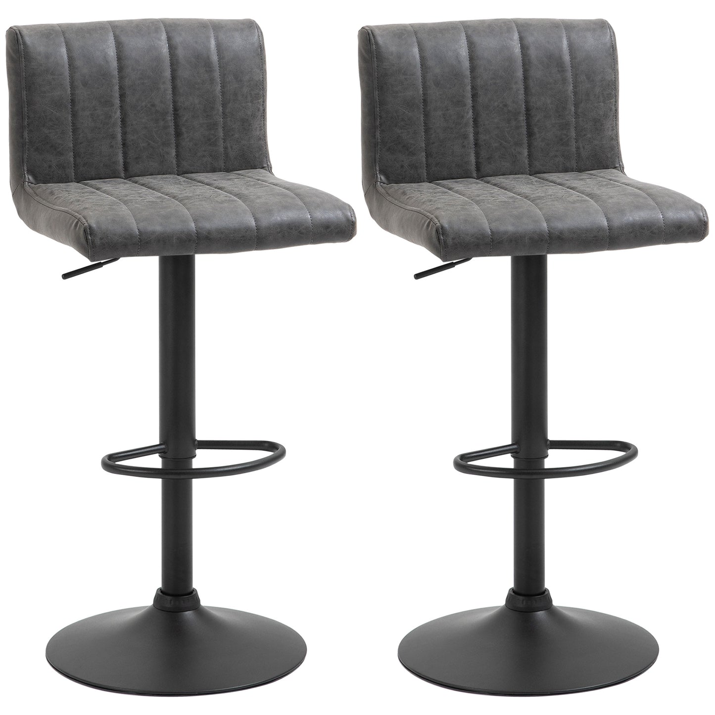 Ralava Set Of 2 Faux Leather Grey Adjustable Swivel Bar Stools With Footrests