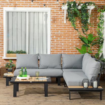 Lehak Aluminium Dark Grey 5 Seater L Shaped Garden Sofa Set With Coffee Table and 2 Side Tables