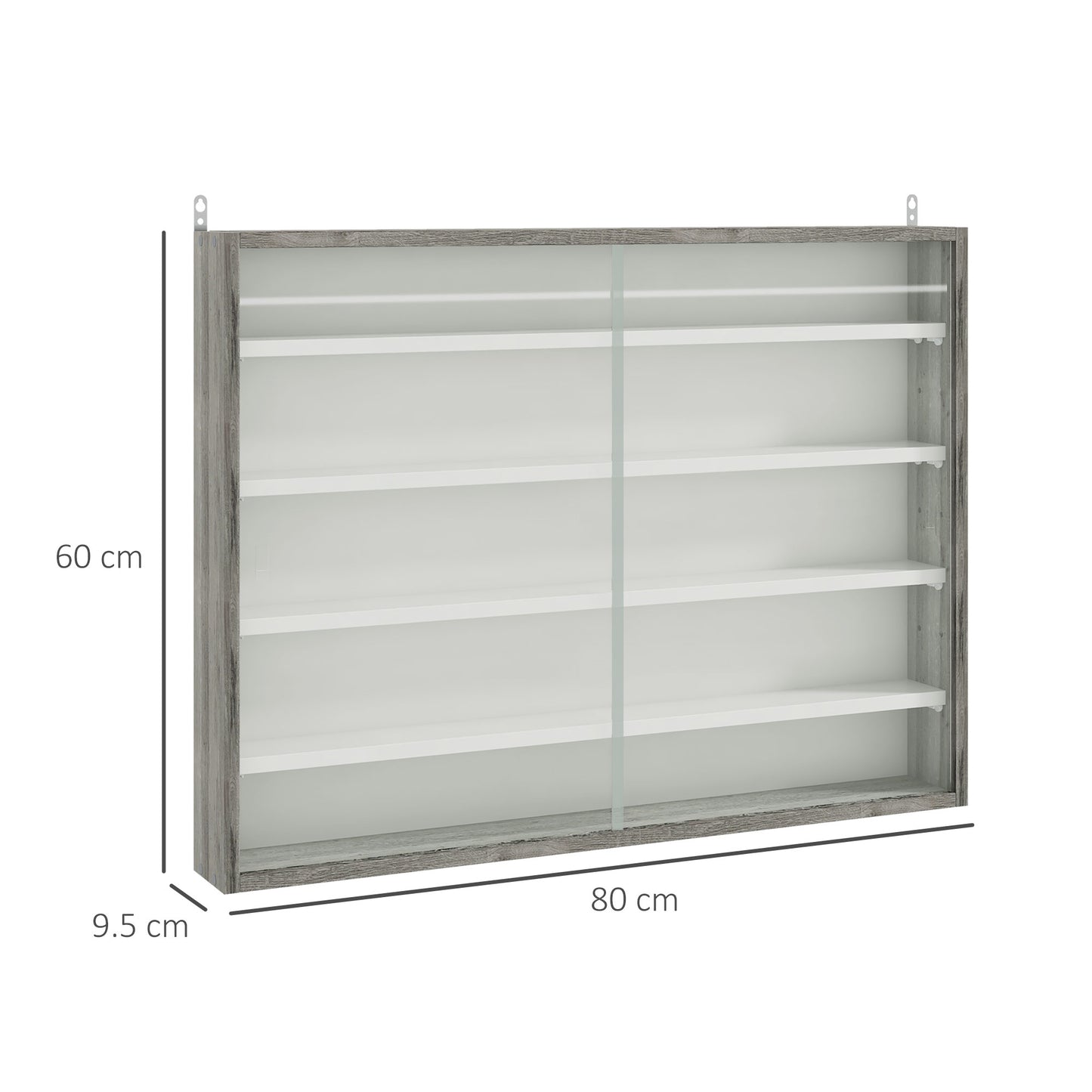 Kasofa Wood And Glass Grey Wood Grain 5 Tier Wall Display Cabinet With Adjustable Shelves 60 x 80 cm