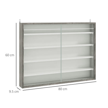 Kasofa Wood And Glass Grey Wood Grain 5 Tier Wall Display Cabinet With Adjustable Shelves 60 x 80 cm